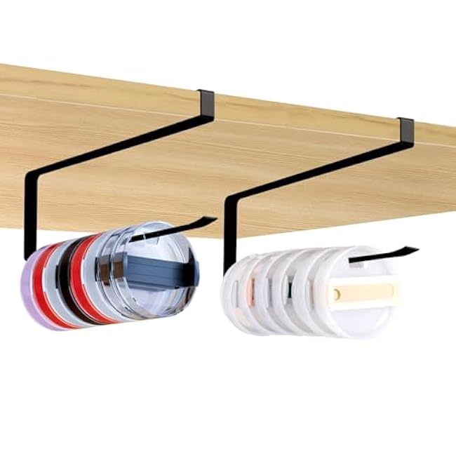 Tumbler Lid Organizer,2 PCS Tumbler Lid holder Hook,Under Cabinet Lid Hanger, Space Saving Cup Lid Holders for Kitchen Storage,Paper,Towel,Up to 30 Lids(Black)