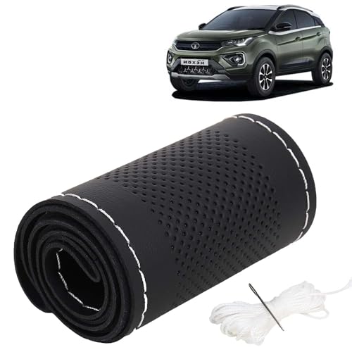 Image of KINGSWAY PU Leatherite Car Steering Cover Sewable Compatible with Tata Nexon (Year 2020-2023), Black Color with Silver Thread, Pack of 1 with Sewing Needle and Thread