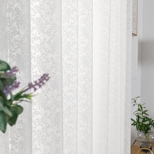Eyelet Pure White Rose Lace Curtains 63 Inch Length - Grommet Top Shabby Chic Floral Tile Pattern Sheer Lace Curtains For Bedroom, Lightweight Lace Window Curtains, 54 X 63 Inch, 2 Panels, White #TOP5