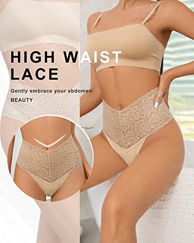 Image of SHARICCA Women Seamless High Waist Underwear Sexy Floral Lace Thong Soft Comfortable Panties Pack