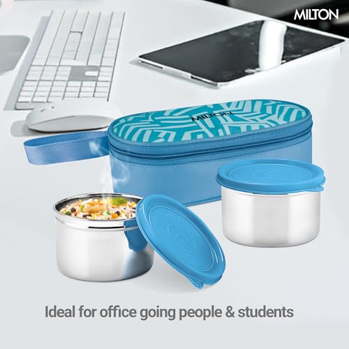 Image of MILTON Plato Pack Big Stainless Steel Lunch Box (2 X 500 ml containers) with Jacket | Leak Proof, Food Grade I Lightweight, Odour Proof | 1 Year Warranty I Ideal for Office, School, Travel, Blue