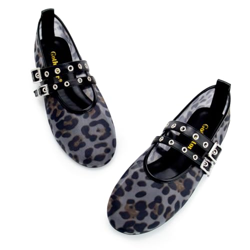 Image of Gothictor Women's Mesh Ballet Flats Round Toe Leopard Mary Jane Shoes Women | Cushioned Comfort, Easy to Style, Buckle Strap, Cheetah Print, Ballerina, Breathable, Wide Width, Non-Slip, Dressy Casual