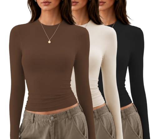 SHAPUM Women's 3 Packs Long Sleeve Shirts Basic Crewneck Slim Fitted Tops