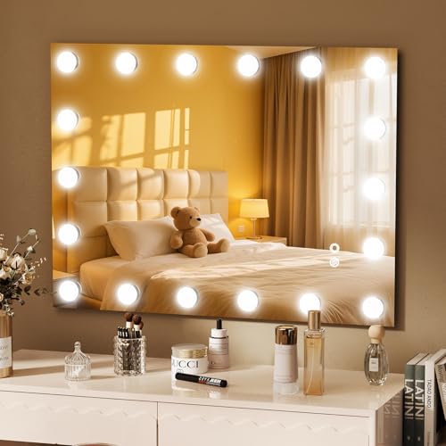 24"x 32" LED Bathroom Mirror with LED Bulbs Stepless Dimmable Wall Mirrors with Anti-Fog, Dimmable CRI>90, Vanity Mirror with 3 Color Modes, Shatter-Proof, Memory Bathroom Mirror with LED Lights by Memobarco - Used condition - US$73.43