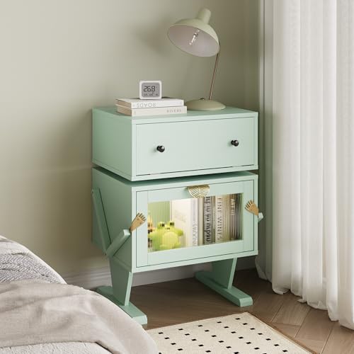 RoyalCraft Large Nightstand with LED Lights, Green End Table with 360°Rotating Drawer, Modern Bedside Table with Storage, Wood Night Stand for Bedroom, Home Office, Green