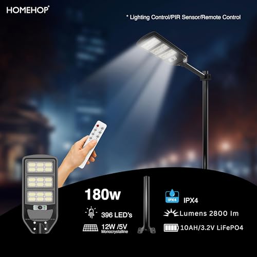 Image of Homehop Solar Light Outdoor Home Garden 180W Street LED Lamp Waterproof | Solar Street Light Outdoor Wall Automatic Motion Sensor Wireless for Yard, Patio, Road with Pole (10000mAh, Cool White, ABS)