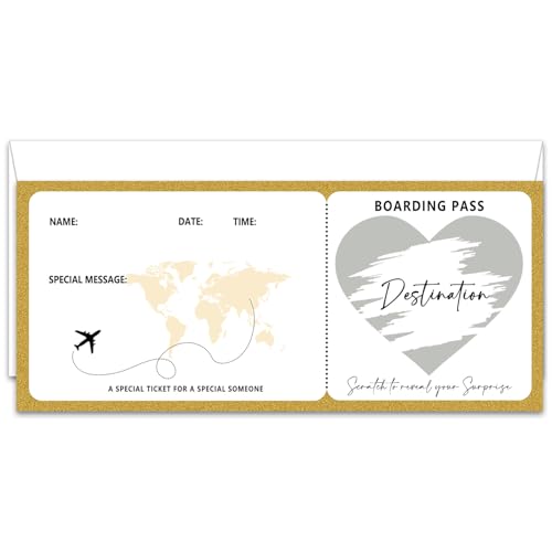 Jdgbo Gold Boarding Pass Gift Ticket, Boarding Pass Fake Airline Tickets DIY Scratch Off Travel Tickets With Envelopes, Scratch & Reveal Gift for Anniversary Graduation Wedding Birthday/002(1 Set)
