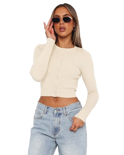 Image of Cardigan Sweaters for Women Crew Neck Cropped Sweater Tops Dressy Casual Long Sleeve Shirts Apricot S