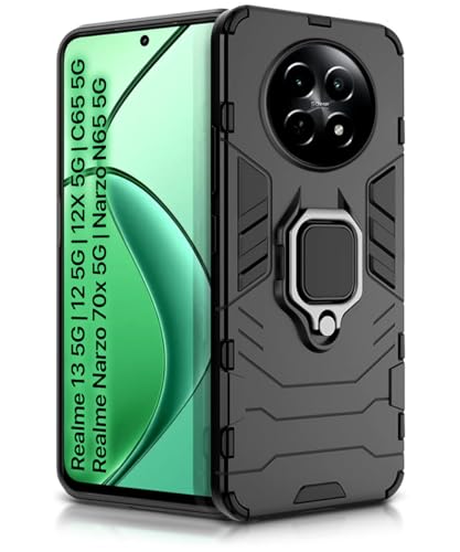 Image of WOW IMAGINE Shock Proof Back Case Mobile Cover for Realme 13 5G | Realme 12 5G | 12X 5G | Narzo 70x 5G | C65 5G | N65 | Back Cover (Tough Armor | Hybrid PC + TPU | Ring Holder Kickstand | Black)
