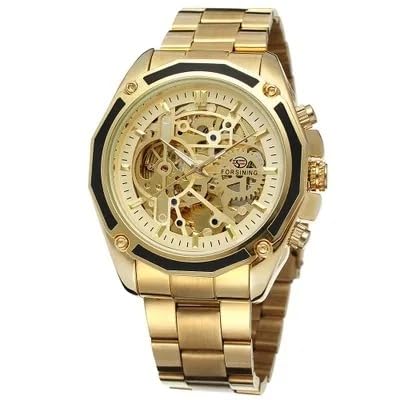 Automatic Mechanical Watch, Gold Skeleton Dial, Stainless Steel Bracelet, Men's Luxury Timepiece