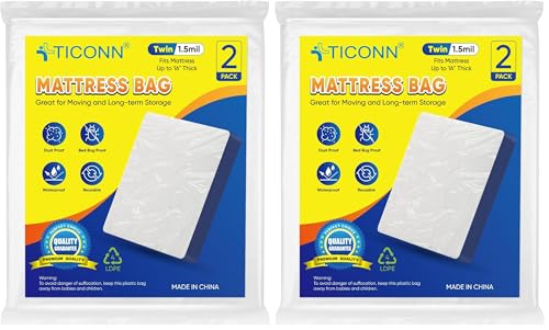Image of TICONN 2PK Plastic Mattress Bag for Moving Storage, Waterproof Mattress Protector Cover, Heavy-Duty Mattress Moving Supplies (1.5 mil, Twin) (Pack of 2)