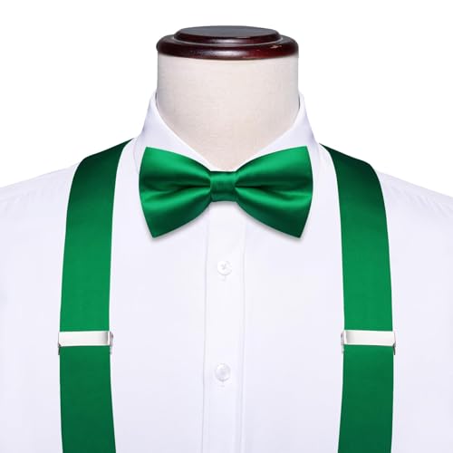 Image of Hi-Tie Men Suspender Bowtie Set Suspenders Pre-tied Bow Tie Pocket Square Cufflinks Adjustable Y Shape 6 Clips Braces Tuxedo