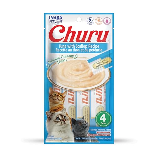 Image of INABA Churu Cat Treats, Grain-Free, Lickable, Squeezable Creamy Puree Cat Treat /Topper with Vitamin E & Taurine, 0.5 Ounces Each Tube, 4 Tubes, Tuna with Scallop Recipe