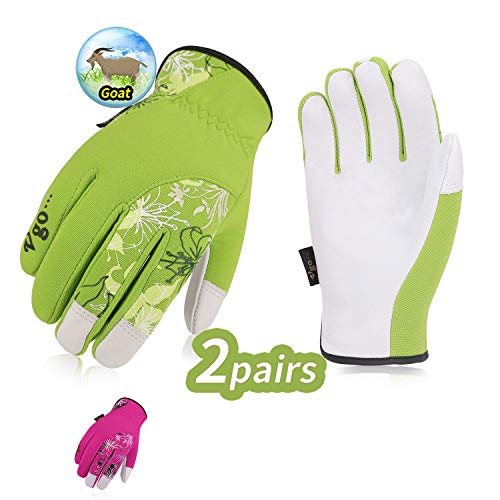 Preisvergleich Produktbild Vgo 2 Paare Weibliche Gartenhandschuhe und Arbeitshandschuhe, Ziegenlederpalmen (9 / L, Violett & Grün, GA7444)