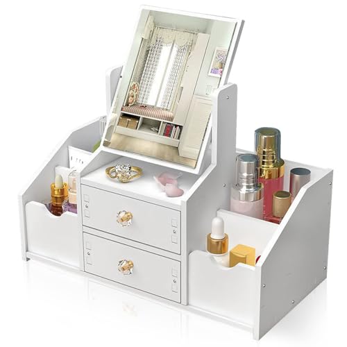 Consejos para Comprar Espejo Con Cajones de esta semana. 50 Organizador de Maquillaje con Espejos,Organizador de Cosméticos con 2 Cajones y 4 Compartimentos,Estuche de cosméticos Almacenamiento de Maquillaje para Tocador,...