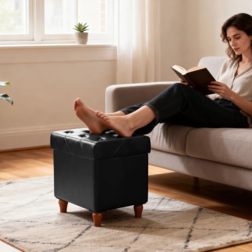Image of CAROLMADE Folding Storage Ottoman Cube PU Leather Footstool with Wood Legs Ottoman Footrest for Living Room and Bedroom Black, 15x12.6 x 15.4 inch