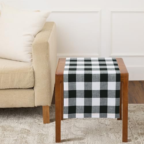 Solino Home Linen Checkered Table Runner 36 Inches - 100% Pure Linen Black and White Buffalo Check Table Runner 14 x 36 Inch Ideal for Dresser and Coffee Tables - Mothers Day