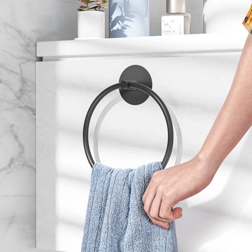 Image of Matte Black Bathroom Towel Ring - SUS304 Stainless Steel Bathroom Towel Rack, Susswiff Adhesive Wall Mounted Hand Towels Holder, Towel Hanger for Bathroom Organizer, Kitchen Storage