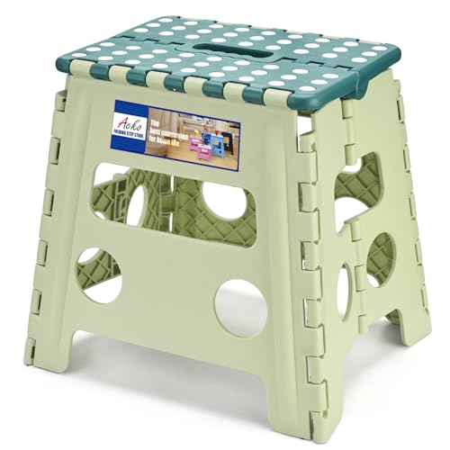 Image of ACKO Folding Step Stool 13 Inch, Sturdy Collapsible Step Stool Foldable Up to 300 lbs for Adults, Non Slip Lightweight Foot Stools with Handle, Ideal for Kitchen, Bathroom, Bedroom, Garden, Green
