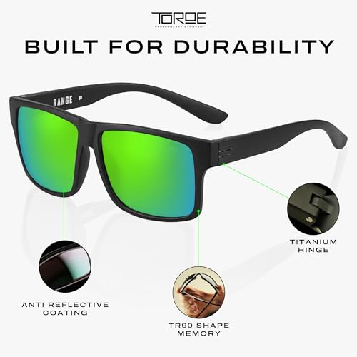 Image of TOROE TR90 Square Frame Sunglasses, Matte Black, Midnight Green | Grade A Polarized, Black Emblem, Anti Reflective, Water Repellent, Polycarbonate Lenses