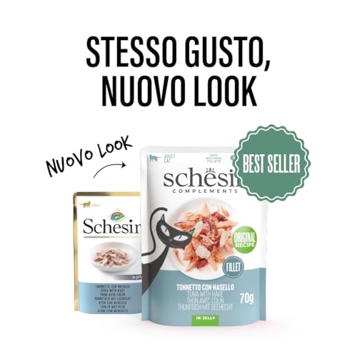 Schesir, Thunfischfilets mit Seehecht in Gelee, ergänzendes Nassfutter für Katzen, Originalrezept, 100% natürlich, 12 Beutel à 70 g