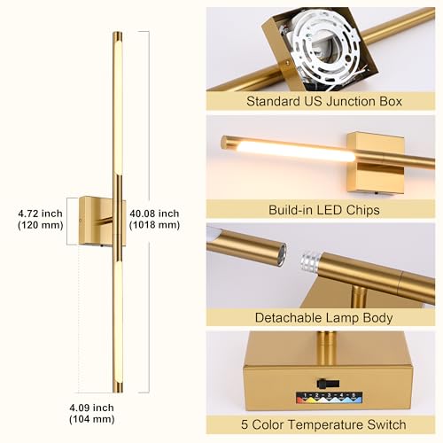 Image of TODOLUZ 40-Inch 5CCT 22W LED Bathroom Vanity Light Fixture, Brushed Brass 2700K-5500K Wall Sconce Lighting with Rotatable Lamp Tube