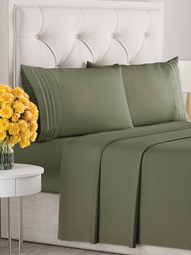 Image of Cal King Size 4 Piece Sheet Set - Ultra Soft & Cooling Sheets - Deep Olive | Fits 8 Inch to 16 inch Mattress, Wrinkle Free & Fade Resistant with Deep Pockets, Breathable, Comfy Hotel Luxury Bedding