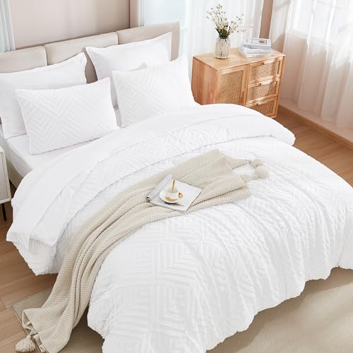 Image of Andency Oversized Queen Size Comforter Set with Sheets White - 7 Pieces Bed in a Bag Oversized Queen Boho Tufted Lightweight Bedding Sets with Comforter, Sheets, Pillowcases & Shams