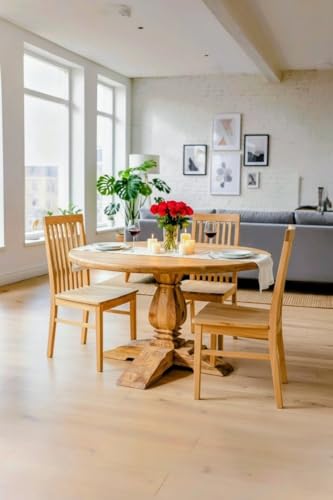 Image of 4-Seater Round Dining Table - Solid Mango Wood - Rustic Natural Finish - Pedestal Base - Farmhouse Kitchen Furniture- Table Only