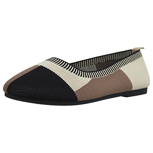 SOBEYO Ballet Flats Comfort Soft-Sole Breathable Sweater Fabric Lightweight Round Toe Shoes