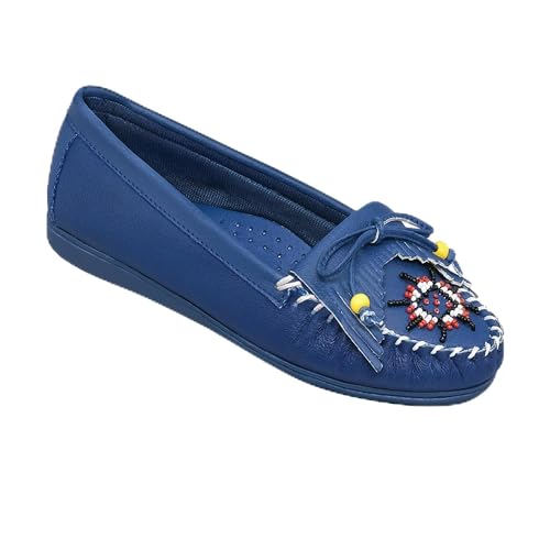AmeriMark Beaded Moccasin Slip-Ons - Leather and Faux Suede Loafers, Arch Support and Padding, Driving Mocs - Comfortable and Stylish Shoes, Blue, 7 Wide