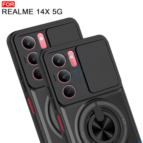 Image of AESTMO Realme 14X / P3X / C75 / Narzo 80X 5G Back Cover |Armor Camera Slider 360 Degree Rotating Finger Ring Holder Case with Bracket Stand Back Case Cover (Compatible with MagSafe Accessories)(Black)