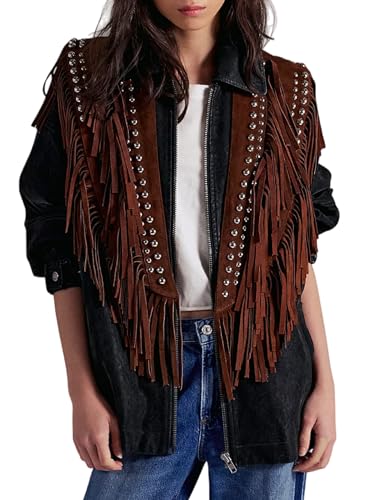 Hedovan Women Studded Fringe Vest Faux Suede Collar Open Front Wrap with Tassels Shawl Fringe Poncho Western Outfits (Brown One Size)