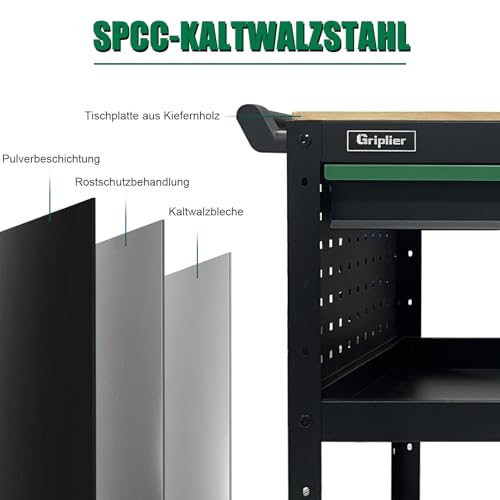 Griplier 3-Tier Rolling Werkzeugwagen mit Schublade, Holzarbeitsplatte，150KG Tragfähigkeit,82 x 48 x 90cm für Lager Garage Garten Werkstatt