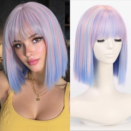 Allbell Bunte Regenbogen-Perücke für Frauen Kurze Bob-Perücke mit Pony Hitzebeständige Synthetikhaare 30 5 cm Für Alltag Party und Halloween