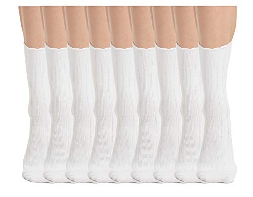 No Nonsense Women's Scallop Pointelle Crew Sock, White - 9 Pair Pack, 4-10