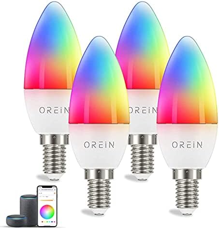 OREiN LED E14 Alexa Light Bulb RGBCW Smart Candle Light Bulb 5W 470LM WLAN WiFi Candle Light Bulb RGB+Warm White+Cold White Voice/APP Remote Control Compatible with Alexa/Google Home 4-Pack