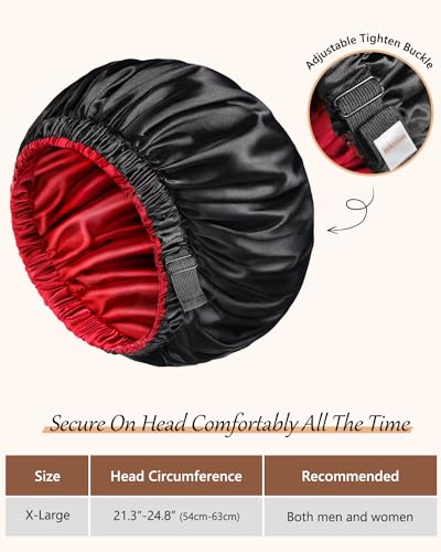 mikimini Satin Bonnet Pack of 2 for Men and Women, Reversible Double Layer Sleeping Silk Bonnet for Curly Hair Braids with Anti-slip Adjustable Widened Elastic Band Super Large Soft (XL, Black/Red)