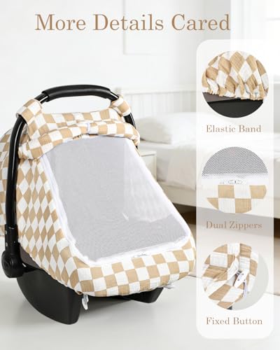 Image of DILIMI Car Seat Covers for Babies, Muslin Cotton Baby Car Seat Cover with Breathable Mesh Window, Summer Infant Car Seat Canopy for Boys Girls Newborn, Brown Plaid