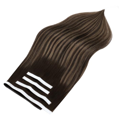 Image of Full Shine Tape in Weft Hair Extensions Human Hair 20 Inch Color 2 Dark Brown to 8 Ash Brown and 2 Dark Brown Seamless Genius Weft Hair Extensions 4PCS Straight Soft and Silky 120g