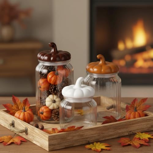 Mimorou 3 Set Fall Glass Jar with Pumpkin Lid Fall Clear Candy Jar Food Storage Canister with Airtight Ceramic Lid for Thanksgiving Party Tea Cookie Table Decoration (White, Brown, Light Brown,Autumn) by Mimorou - Used condition - Image 6