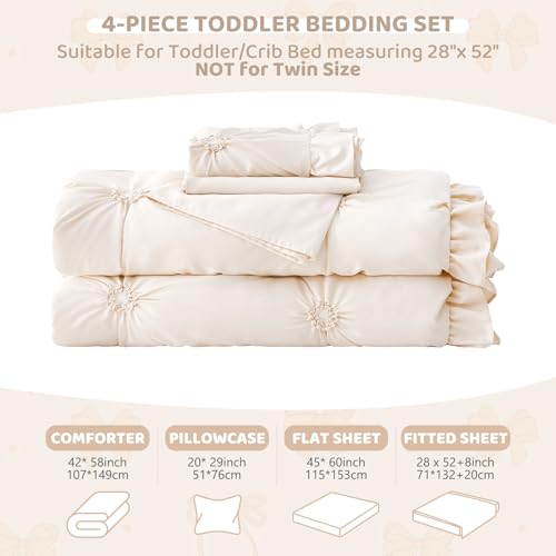 Image of Princess Toddler Bedding Set for Girls, 4 Piece Ruffles Jacquard Embroidery Toddler Bed Sheets with Boho Toddler Comforter, Fitted Sheet, Flat Sheet and Pillowcase, Beige