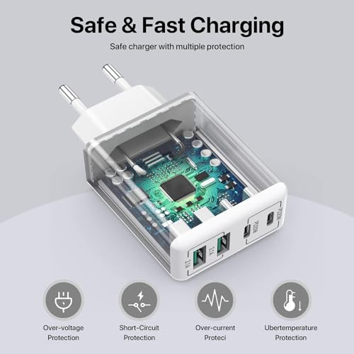 USB C Ladegerät, 40W 4 Ports USB C Ladegerät Block, Schnellladeblock Dual Port PD3.0+QC Wandstecker Multiport USB Netzteil Kompatibel mit… – Ansicht 6