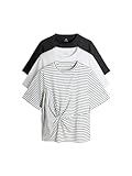THE SET Mujeres Pack de 3 Camisetas con Nudo en la Parte Delantera Negro/Blanco/Rayas S