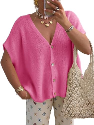 Image of Saodimallsu Womens Summer Oversized Cardigans Batwing Short Sleeve Lightweight Button V Neck Casual Knit Sweater Tops
