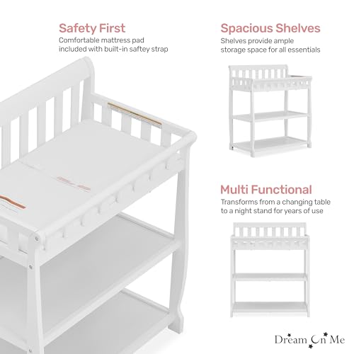 Image of Dream On Me Ashton 2-in-1 Changing Table & Nightstand in White - Solid New Zealand Pinewood, Safety Rails, Spacious Storage Shelves & Water-Resistant Changing Pad, Converts to Nightstand