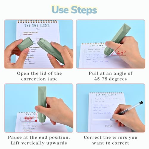 Temiary 5 Pcs White Correction Tapes, Aesthetic Correction Tape Pens Smooth Pull Out, Easy to Use Pen Shaped Applicator for Students School Office Supplies (Green) - Thumbnail 4