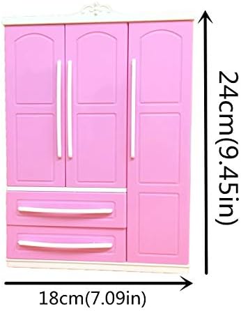 WOWOWO Wardrobe Three-door Pink Modern Wardrobe Play set for Barbi Furniture Can Put Shoes