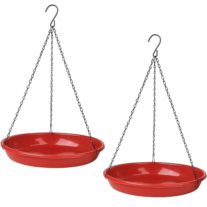 Image of Hanging Bird Bath and Feeder Tray, Red, Plastic, Set of 2, for Outdoor Garden Use