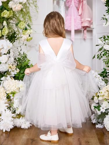 Lace Applique Flower Girl Dress for Wedding Sleeveless Tulle Bow Knot V-Back Long Satin Crew Neck Puffy Ball Gowns2